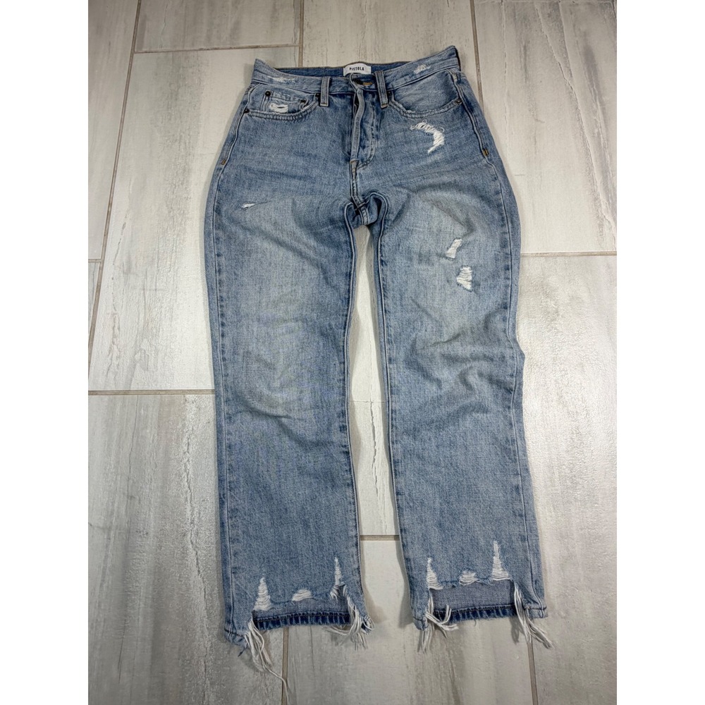 Pistola Distressed High Rise Straight Leg Jeans Blue Button Fly Size 25